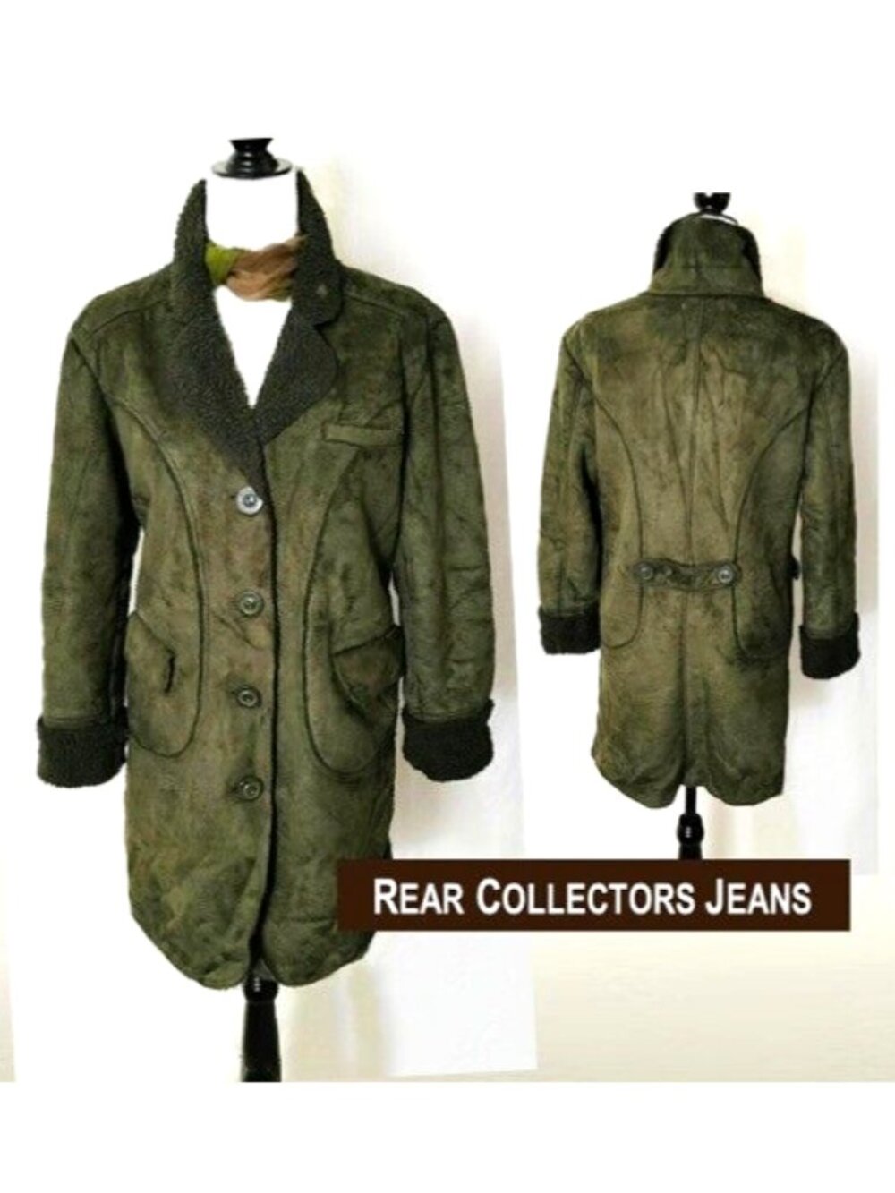 Winter Dark Green Coat Faux Suede Fleece Lined Button Folded Cuff Pockets Sz 46